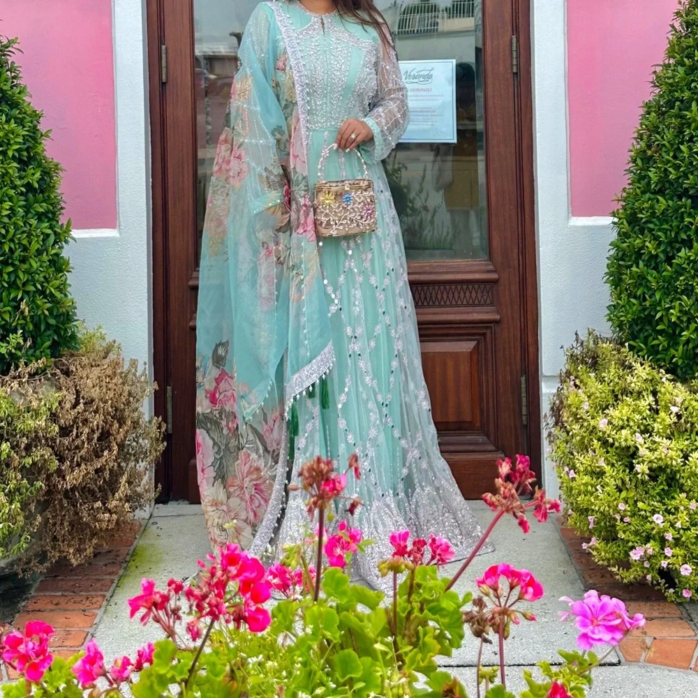 Elegant Blue, Silver, & Pearl Embroidered Anarkali - Picture 6 of 12